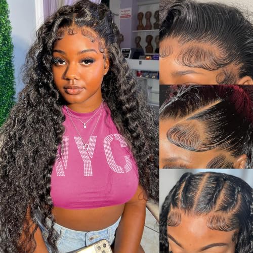 180% Density 13x6 Deep Wave Lace Front Wigs Human Hair Pre Plucked Glueless Transparent HD Lace Frontal Wigs Human Hair Brazilian Virgin Black Hair Natural Hairline 20 Inch Wig