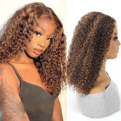 16 Inch Ombre Lace Front Wigs Human Hair Glueless Curly Bob Wigs Highlight 4x4 Deep Curly Bob Water Wave Pre Plucked Pre Cut Lace Closure Wigs with Natural Hairline for Women