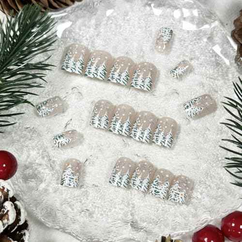 Christmas Nude Press on Nails Short Square Fake Nails with Xmas Tree Glitter Designs Glossy Artificial Nails Full Cover Stick on Nails Christmas Glue on Nails for Women Nail Art DIY 24Pcs