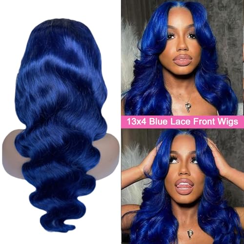 Dark Blue Lace Front Wigs Human Hair Pre Plucked 180% Density 26 Inch Body Wave HD 13x4 Lace Front Pre Plucked Dark Blue Human Hair Wigs with Bleached Knots Natural Hairline