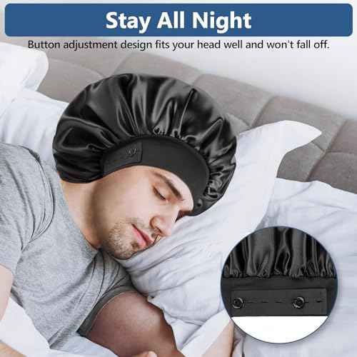 Silk Bonnets for Men, Satin Bonnet for Sleeping, Adjustable Hem & Double Layer, Large Sleep Bonnet for Curly Hair Braids Stay on All Night (Black)