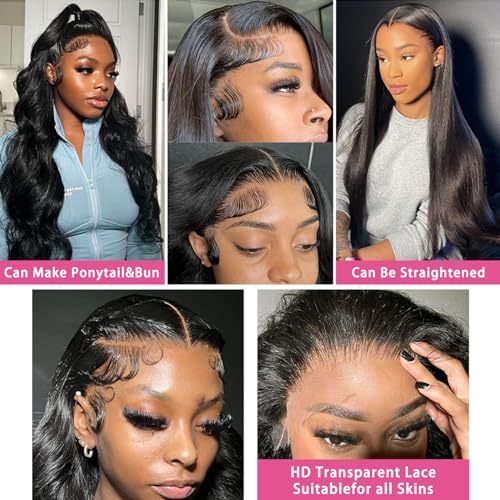 24 Inch Body Wave Lace Front Wigs Human Hair Pre Plucked 200 Density 13x4 HD Lace Frontal Wigs for Women Natural Black