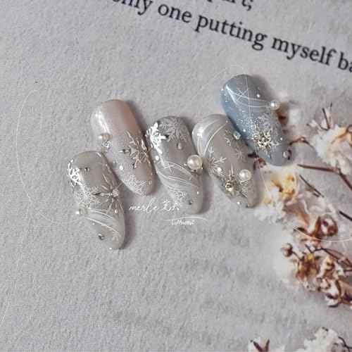 Snowflake Nail Stickers - Christmas Silver 5D Embossed Nail Decals with Rhinestone Design for Winter Nail Art Supplies