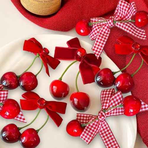 8 Pcs Cherry Bow Hair Clip Sweet Cute Rhinestone Bow Alligator Clips Red White Plaid Hair Barrettes Hair Accessories for Women Girls Christmas Hair Decoration