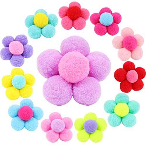 12pcs Flower Pom Poms Fluffy Ponytail Holders with Balls - Hair Accessories for Girls