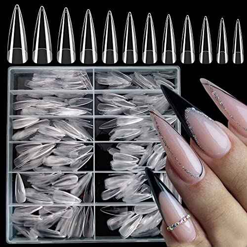 LoveOurHome 600pc Soft Gel Stiletto Nail Tips Pointy Fake Nails Clear Press on Nails Long Full Cover Acrylic Nails Stiletto False Artificial Fignernails 12 Sizes for Acrylic Gel Nail Extension