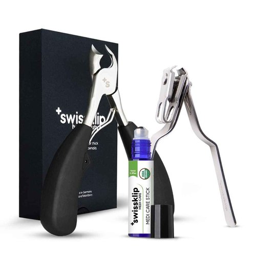 Swissklip Nail Care Bundle I Heavy Duty Toenail Clippers for Seniors Thick Toenails I Medi-Care Toenail Stick I Natural Solution for Healthy Nails I 360 Nail Clipper