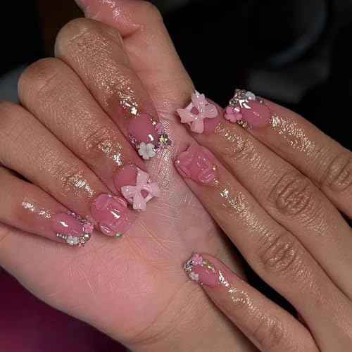 24Pcs French Tip Press on Nails with Pink Camellia Rhinestones Flash Short Square French Nails Press ons Cute Bow Sparkly False Nails Gel Glue on Nails Stick on Nails Flower Nails for Women Girls