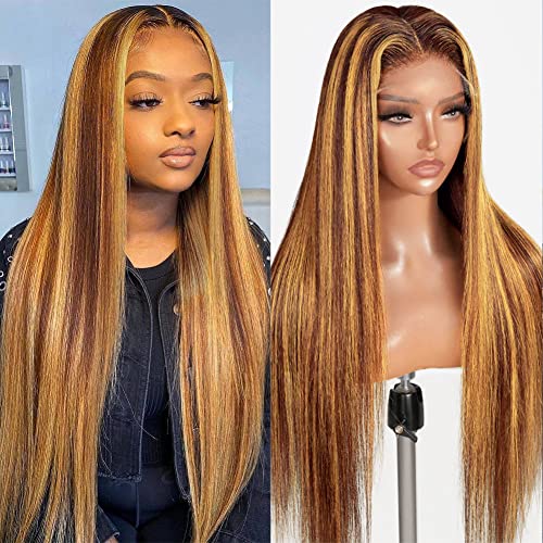 Flady Highlight Ombre Lace Front Wig Human Hair Pre Plucked 4/27 Colored Honey Blonde HD Lace Frontal Wigs For Black Women Human Hair 150 Density Straight Wigs Human Hair