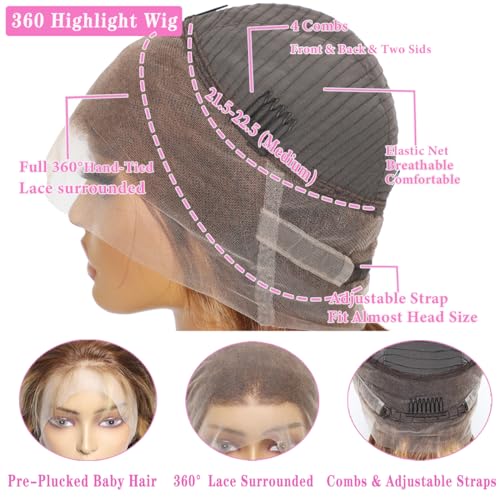 360 Lace Front Wigs Human Hair Full Lace Human hair Wigs Ombre Lace Frontal 180 Density 4/27 Colored Honey Blonde 360 HD Transparent Wigs for Black Women (22 Inch)