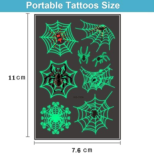 73PCS Luminous Halloween Spider Web Temporary Tattoos for Kids, Costume Makeup Glow in the Dark Fake Tattoo Stickers, Face Cosplay Holiday Party Favors Gifts for Adults Classroom School Prizes Reward
