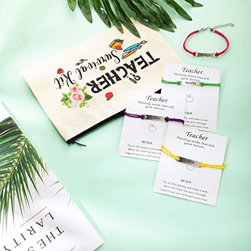 Weewooday 12 Pcs Teacher Appreciation Present Set 6 Teacher Survival Kit Bag Makeup Pouch Pencil Bag, 6 Blessing Card Bracelet Kit(9 x 5.9 Inch,Cute Style)