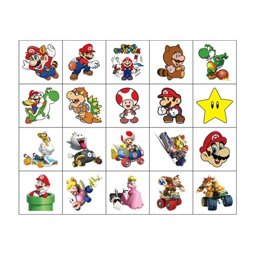 20pcs Mario Temporary Tattoos for Kids, Birthday Party Favors, Cute Cartoon Decoration Sticker Gifts for Girl Boys Home Activity Class Prizes Carnival Christmas Rewards (Mario)
