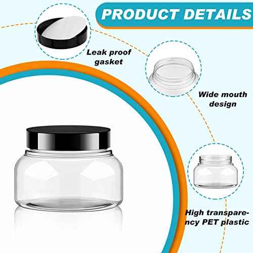 Tessco 24 Pack Plastic Jars with Lids Labels Empty Clear Plastic Jars Round Refillable Cosmetic Containers Body Butter Containers Bulk Sugar Scrub Bottle for Make Up (8 oz,Clear, Black)