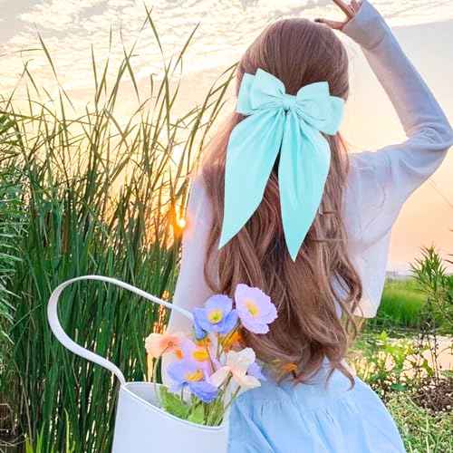 Zkptops 4Pcs Hair Bow Clips for Women Girls Silky Satin Bow Hair Clips Hair Ribbon with Long Tail Cute Oversized Hair Clips Soft Large Big Hair Barrettes Hair Accessories (Black Beige Blue Pink)