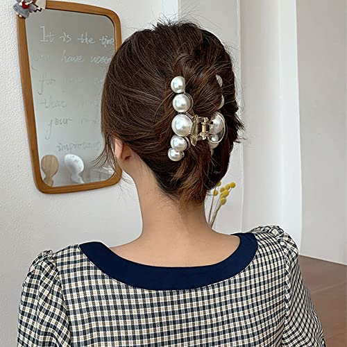 Large Pearl Hair Claw Clips for Strong Hold - Nonslip Champagne Color Hair Jaw Clips for Thick/Thin Hair, Daily Fashion, Birthdays, Weddings - Women's Hair Clip Accessories