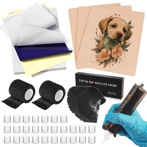 228Pcs Fake Skin Tattoo Practice Kit for Beginners - Include 3 Tattoo Skins 3 Transfer Paper 2 Tattoos Cover Up Tape 200 Machine Covers 20 Ink Caps for Tattoos Starter Kit Tattooing Supplies