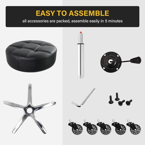 WKWKER Heavy Duty Rolling Stool with Wheels Hydraulic Swivel Adjustable Rolling Stool Ergonomic Thick Leather Round Seat Stool Chair for Kitchen Drafting Lab Office Salon Message Stool – Black