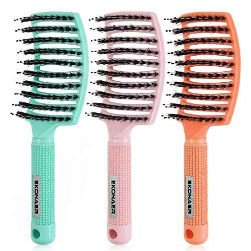 3 Pack Vented Quick Drying Massage Blow Detangler Brush,Boar Bristle Hair Brush Set-Curved,Detangling Hair Brush for Women Long,Thick, Thin, Curly(Green)