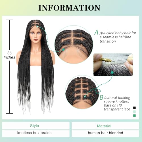 360¡Æ HD Full Lace Knotless Braided Wigs for Women Box Braid Wig with Baby Hair Premium Synthetic Natural Looking Black Braided Lace Front Wigs 36 Inch