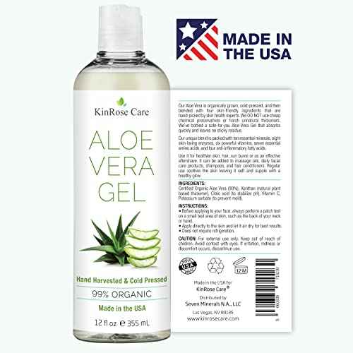 12oz Organic Aloe Vera Gel for Face, Skin, Hair & Sunburn Relief - From 100 Percent Pure Aloe Vera - Cold Pressed, Vegan, Unscented - Made in USA.