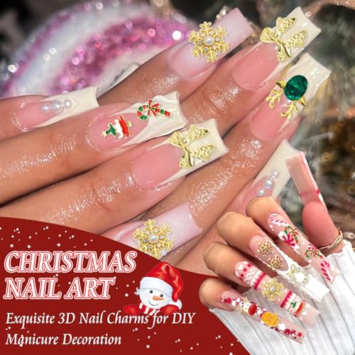 BELICEY 52Pcs Christmas Nail Charms - Gold 3D Bow Snowflake Elk Charms with Gems Rhinestones Accessories Metal Nail Art Supplies Winter Holiday Decorations