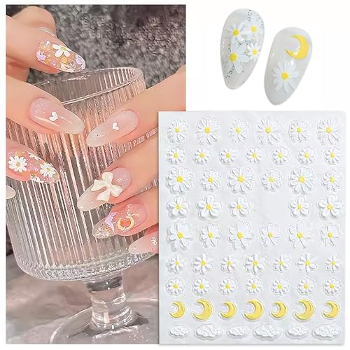 SILPECWEE 8 Sheets Flower Nail Art Stickers 3D Flower Daisy Nail Stickers Self-Adhesive Nail Design Stickers Spring Nail Decals for Nail Art Decoration Accessories