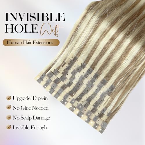 Invisible Hole Weft Human Hair Extensions Micro Link Hair Extensions 9A/P60 Highlight Blonde Glueless Skin Weft Human Hair Extensions Seamless No Tape In Hair Extension for Women (70g 8Pcs,18 Inch)