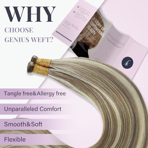 Fshine Genius Weft Hair Extensions Real Human Hair 22 Inch Light Brown with Platinum Blonde Sew in Hair Extensions Highlighted in Extensions Long Straight Hair 60g