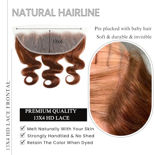 ALHER #33 Reddish Brown Body Wave 13x4 Lace Frontal Human Hair 20 Inch, Copper Brown Auburn Colored HD Transparent Lace Frontal Closure Ear to Ear 100% Virgin Remy Human Hair 150% Density