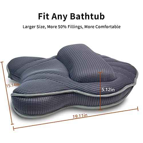 Extra Thick Large Bath Pillow with Neck,Back,Head Support for Bathtub, Spa, Soaking Gray(19''x15'')