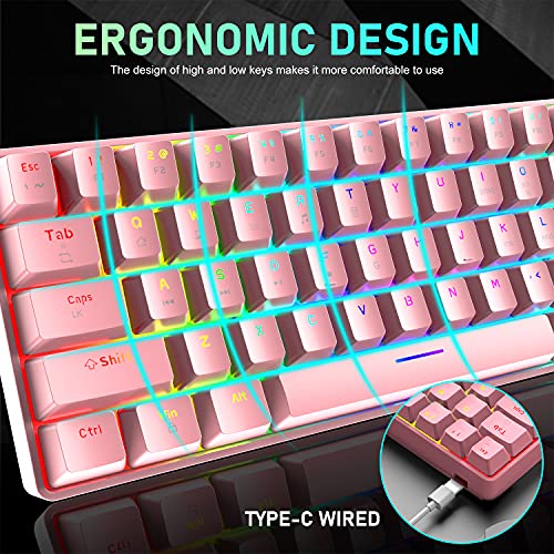 60% Mechanical Gaming Keyboard and Mouse and Mouse pad and Gaming Headset,4 in 1 Wired 68 Keys LED RGB Backlight Bundle for PC Gamers,Xbox,PS4 Users (Pink/Blue Switch)