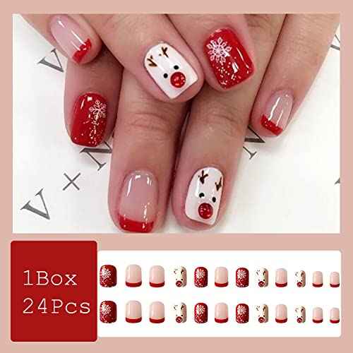 Christmas Press on Nails Short French Tip Fake Nails Square Red Acrylic Nails Snowflake Full Cover False Nails with Design Cute Elk Winter Xmas Glue on Nails Nail Art Decorations for Women Girls