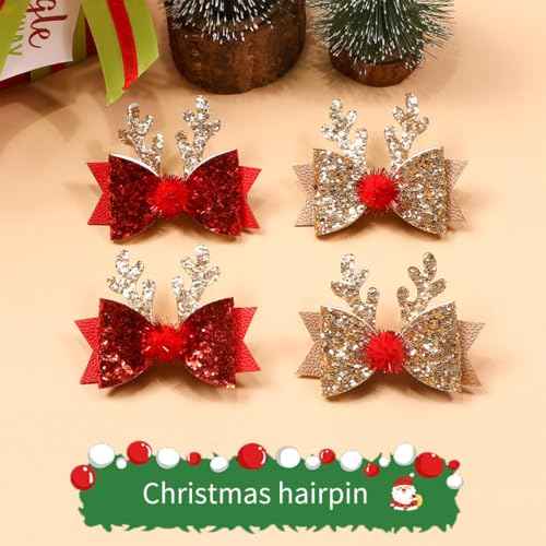 4 Pcs Christmas Hair Clips for Kids Toddler Girls Cute Reindeer Antler Bows Barrettes Gold Red Sequins Hairpin Hair Accessories for Toddlers Women Birthday Party Favor Gifts (4 Pcs)