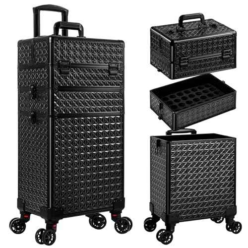 3 in 1 Rolling Makeup Train Case Professional Large Cosmetic Trolley Cosmetology Case on Wheels Traveling Cart Trunk for Hairstylist Artist Nail Beauty Salon Barber, Black