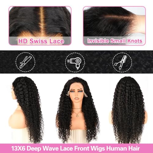 Deep Wave Lace Front Wigs Human Hair 200 Density 13x6 HD Transparent Lace Front Wigs for Women Pre Plucked Deep Curly Lace Frontal Wig Human Hair Glueless Wigs Natural Black 26 Inch