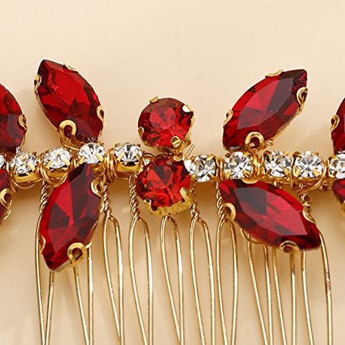 Teyglen Bridal Red Crystal Hair Comb - Rhinestone Headpiece for Brides, Women, and Girls