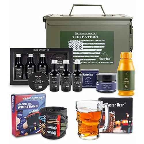 Gift for Men | 50 Cal Metal Ammo Cans Gift Box Shaving Grooming Set Collection for Him | Fathers Day Holiday Christmas Gift Ideas with Glass Skull Beer Mug, Magnetic Wristband, Hand Cream, Body Wash