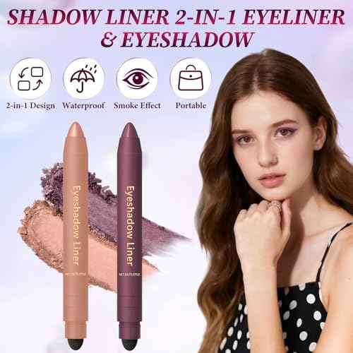 Shadow Liner 2in 1 Eyeliner Eyeshadow, Shadow Liner Duo Plum, Eyeliner + Eyeshadow, Waterproof, Smooth, Long-Lasting & Smudge-Proof Wear,Easy to Color£¨Champagne+Purple£©