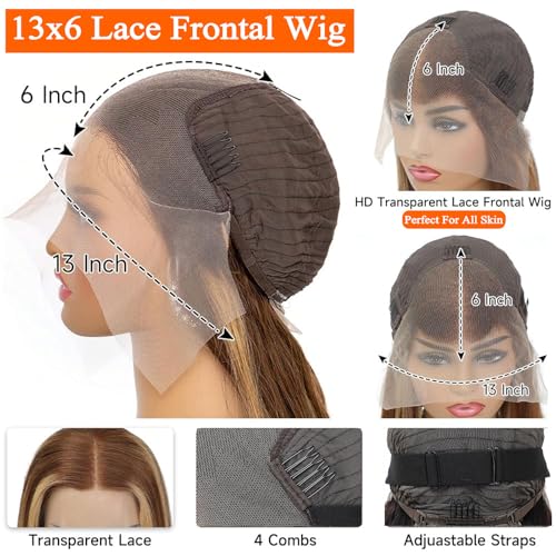 13x6 Honey Blonde Highlight Wig Human Hair Ombre Lace Front Wig P4/27 Body Wave Highlight Lace Front Wig Glueless Pre Plucked Bleached Knots Hd Lace Frontal Wigs Colored 26 Inch 180% Density