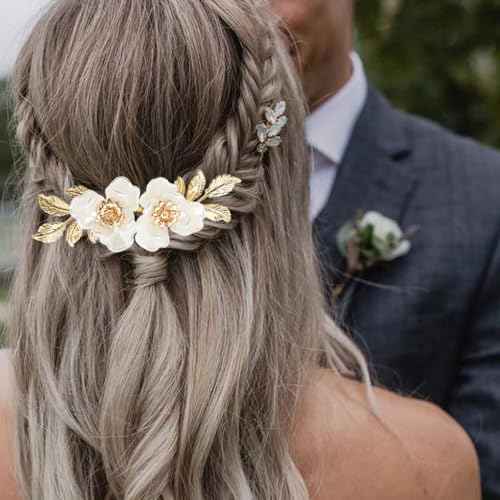 2 PACK Flower Wedding Hair Comb for Bride, Gold Leaf Wedding Hair Piece Floral Hair Accessories for Women and Girls