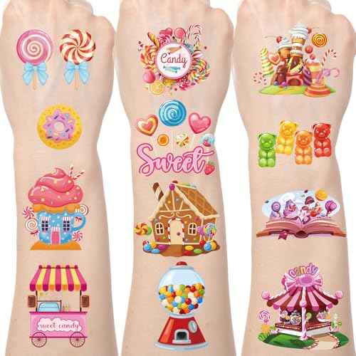 Candyland Temporary Tattoos Kids - Candyland Party Decorations Sweet Candy Themed Temporary Tattoo Girls Boys Candyland Christmas Birthday Party Decorations Favors Gift Bag Fillers Prizes