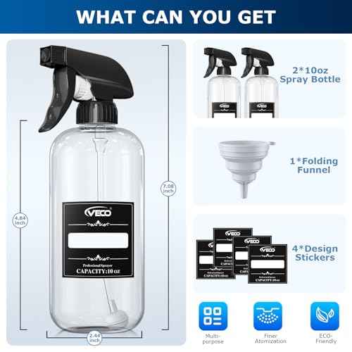 Veco 10oz Spray Bottle with Adjustable Nozzle, 360¡Æ Water Spray Bottles for Cleaning Solution, Plastic Spray Bottles for Hair Cooking Plant Pet, No Leak and Clog (2 Pack & Foldable Funnel)
