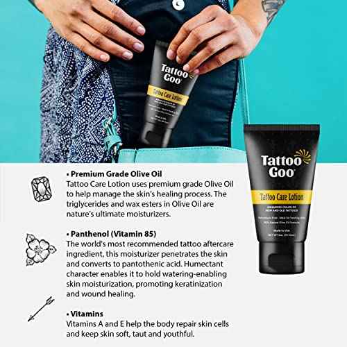 Tattoo Goo Tattoo Care Lotion, 2 oz, Soothes Itch & Irritation, Hydrate & Preserve Color, Non-Greasy Moisturizer, Aftercare Lotion with Olive Oil & Panthenol, No Petroleum or Mineral Oil