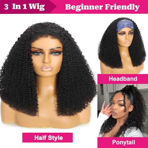 Kinky Curly Half Wig Human Hair 220% Density 3 In 1 True To length Flip Over Curly Edges Drawstring Half Wigs For Black Women Glueless Wear Go Afro Curly Headband Wigs For Beginner Friendly 16 Inch