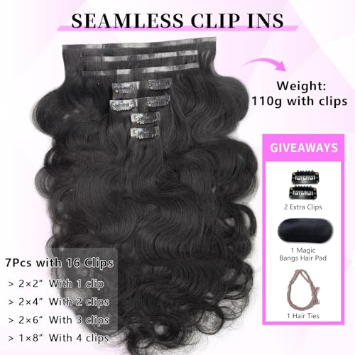 20 inch Seamless Body Wave Clip in Extensions Real Human Hair Extensions Clip Ins 110g 7pcs Thick Invisible Clip in Hair Extensions #1B Natural Black