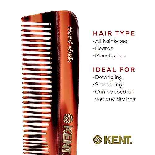 Kent R7T Fine and Wide Tooth Hair Comb, Handmade Pocket Comb for Men, Beard and Mustache Combs for Everyday Grooming and Styling, Sawcut Kent Combs, Made in England