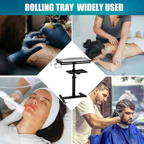 POARMEEY Stainless Steel Tattoo Tray with Wheels Trolley Adjustable Height Tattoo Workstation Rolling Tray for Studio Salon & Spa