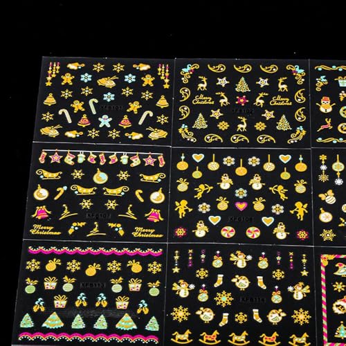 30 Sheets Christmas Nail Art Stickers Decals Set, Golden Cartoon Designs with Snowflakes, Snowmen, Trees, Reindeer, Bells, 3D Adhesive Embellishments, Shimmery Hexagonal Self-Adhesive Nail Decor