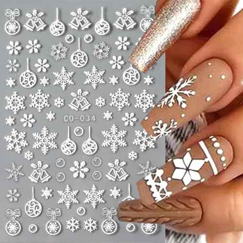 12 Sheets Snowflake Nail Art Stickers, 3D Self-Adhesive Winter Theme Nail Decals, Holographic Snowflake, Elk, Snowman, Christmas Tree etc Pattern Nail Art Design DIY Nail Decoration for Women Girls